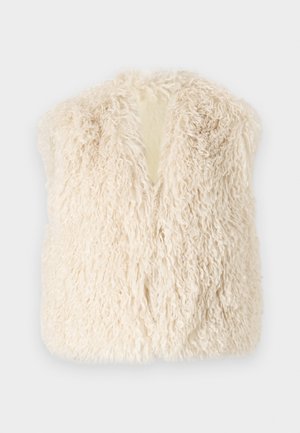 Kermakollane sünteetilisest karvast vest, millel on koheline tekstuur, avatud esiosa ja ilma varrukateta. Omab pehmet, struktureerimata disaini, mis sobib kihilise kandmise jaoks.