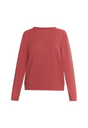 Roter Pullover mit langen Ärmeln, Rundhalsausschnitt und einem lockeren Schnitt. Hergestellt aus weichem Stoff mit einer glatten Textur. Keine sichtbaren Muster oder Akzente.