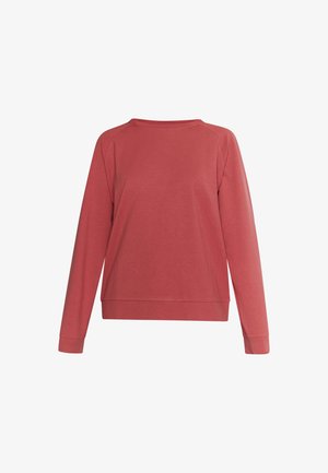 Roter Pullover mit langen Ärmeln, Rundhalsausschnitt und einem lockeren Schnitt. Hergestellt aus weichem Stoff mit einer glatten Textur. Keine sichtbaren Muster oder Akzente.