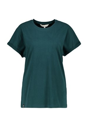 Dunkelgrünes Kurzarm-T-Shirt aus Baumwolle mit aufgerollten Bündchen und rundem Ausschnitt, Größe Small, auf weißem Hintergrund dargestellt.