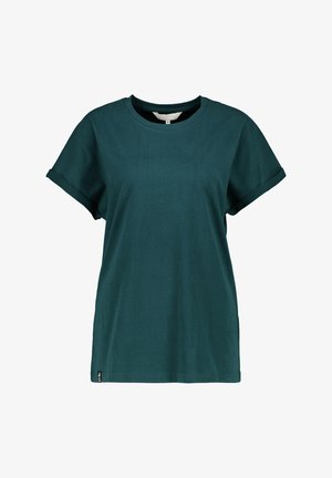 Donkergroen katoenen T-shirt met korte mouwen, opgerolde manchetten en een ronde hals, maat small, weergegeven op een witte achtergrond.