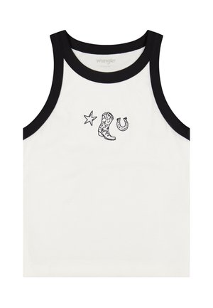 Hvit ermeløs topp med svart kant, som har liten svart brodering av en stjerne, cowboystøvel og hestesko på brystet.