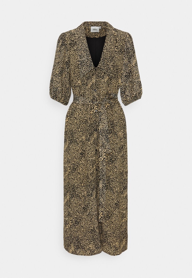 Robe midi portefeuille avec imprimé abstrait noir et beige, col en V, manches courtes bouffantes et ceinture assortie à la taille.
