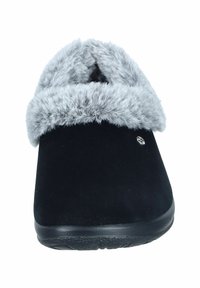 Black slipper with a soft grey faux fur collar. Made of suede-like material, featuring a textured rubber sole for grip.