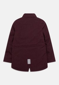 Bordowa kurtka z kołnierzykiem, długimi rękawami i prostokątnym detalem z pięcioma otworami z tyłu. Gładka tekstura materiału.
