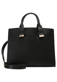 Svart läder tote-väska med dubbla handtag upptill, avtagbar axelrem och detaljer i guldfärg, med en slät yta.