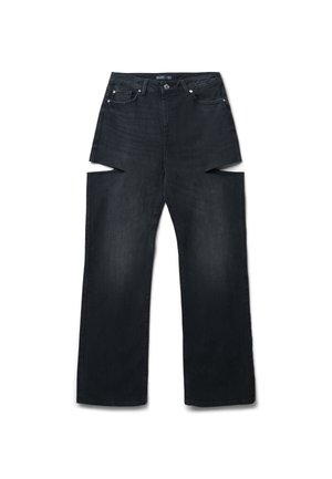 Schwarze Denim-Jeans mit weitem Bein und Ausschnitten an den äußeren Oberschenkeln. Verfügt über fünf Taschen und einen Knopfverschluss.