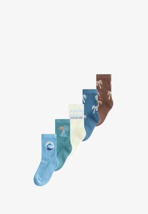 Fünf Paar bunte Knöchelsocken mit Wellen, Palmen und dem Schriftzug "Catch Some Waves", in aufsteigender Reihenfolge angeordnet.