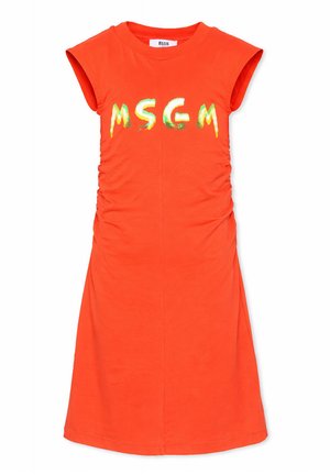Vestito casual arancione brillante senza maniche con fianchi arricciati e testo multicolore "MSGM" sul petto.