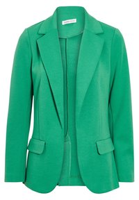 Green women's blazer with notch lapels, flap pockets, and long sleeves, made of smooth fabric with a tailored fit.