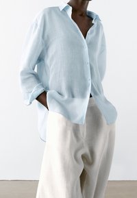Camicia button-up azzurro chiaro a maniche lunghe realizzata in tessuto trasparente, con una vestibilità rilassata, polsini arrotolati e colletto classico, abbinata a pantaloni color crema.