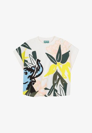 Haut blanc à manches courtes larges, présentant des formes florales et animales abstraites audacieuses en bleu, jaune, vert et rose pâle, étiquette Kenzo à l'intérieur du col.