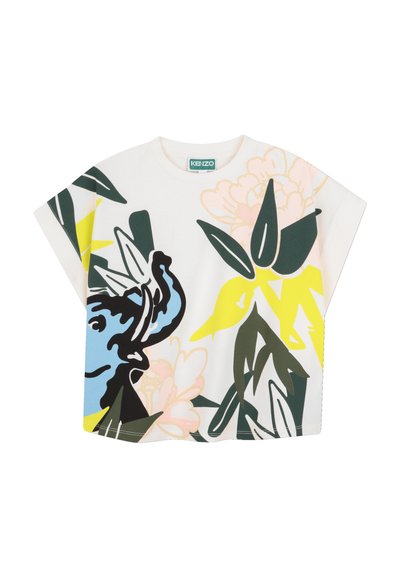 Haut blanc à manches courtes larges, présentant des formes florales et animales abstraites audacieuses en bleu, jaune, vert et rose pâle, étiquette Kenzo à l'intérieur du col.