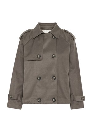 Double-breasted trench coat in dark gray fabric, featuring large black buttons, epaulets, and a classic collar. Sleek, casual design.