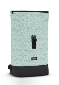 Light green backpack with geometric pattern, black bottom and strap, top zipper closure, and a buckle detail on the front.