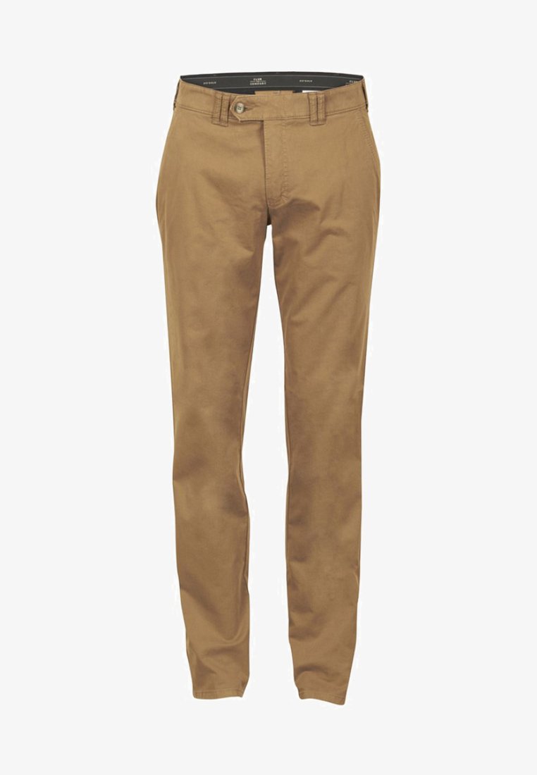 Khaki chinos met een slim fit, gemaakt van soepel katoen, met een rits, knoopsluiting en twee zijzakken.