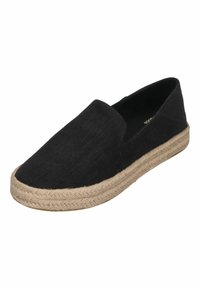 Scarpa slip-on nera in canvas con tomaia testurizzata e suola in corda di juta; punta arrotondata e dettagli di cucitura minimi. Adatta per un abbigliamento informale.