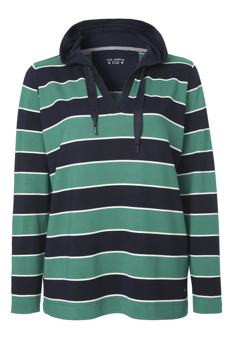 Hoody met lange mouwen en horizontale strepen in groen, marineblauw en wit. Stofmix van katoen met een geribbelde textuur en een V-halsdesign.