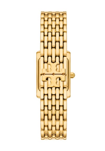 Montre-bracelet en métal doré avec un boîtier rectangulaire, un bracelet maillon, un logo distinctif et un design minimaliste. Elle dispose d'une couronne pour le réglage.