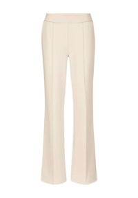 Crème-kleurige rechte broek met een hoge tailleband en subtiele verticale naden aan de voorkant.