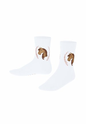Weiße Sportsocken mit braunem Pferdekopf und floralem Kranz-Design an den Seiten.