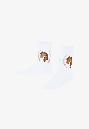 Chaussettes blanches à bord-côtes avec une tête de cheval marron ornée d'une couronne florale sur les côtés.