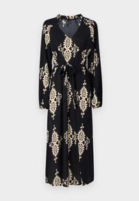 Vestido negro de manga larga con escote en V y cintura ajustable, que presenta un intrincado patrón crema en toda la prenda. Elaborado en tejido ligero.
