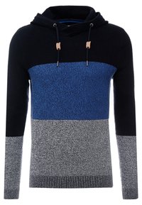 Sweat à capuche avec blocs de couleur noir, bleu et gris. Confectionné en maille texturée ; équipé de cordons réglables et de poignets côtelés.