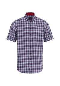 Camicia a maniche corte con bottoni in fantasia a quadri blu, rossa e bianca, con colletto interno rosso a contrasto e un piccolo logo sul petto.