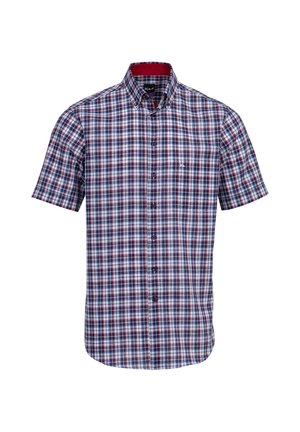 Camicia a maniche corte con bottoni in fantasia a quadri blu, rossa e bianca, con colletto interno rosso a contrasto e un piccolo logo sul petto.