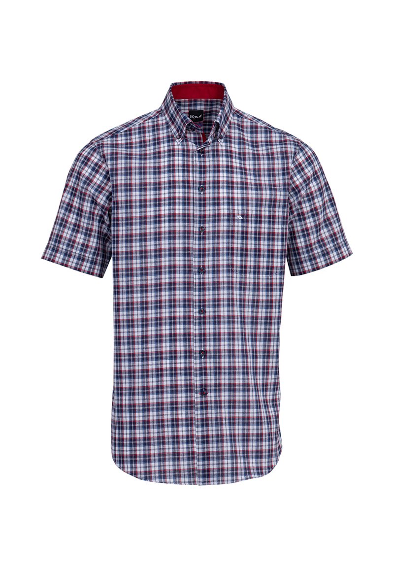 Camicia a maniche corte con bottoni in fantasia a quadri blu, rossa e bianca, con colletto interno rosso a contrasto e un piccolo logo sul petto.