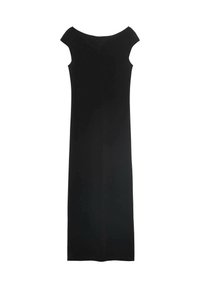 Robe noire sans manches, longue jusqu'au sol, avec une silhouette ajustée et un large décolleté arrondi.