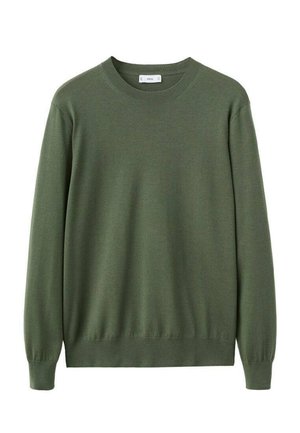 Khaki zelený sveter z merino vlny s dlhými rukávmi, okrúhlym výstrihom a rebrovanými manžetami a lemom. Hladká textúra; žiadne viditeľné vzory alebo akcenty.