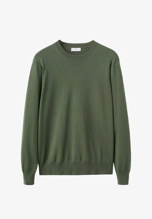 Khaki groene merinowollen trui met lange mouwen, ronde halslijn en geribbelde boorden en zoom. Gladde textuur; geen zichtbare patronen of accenten.