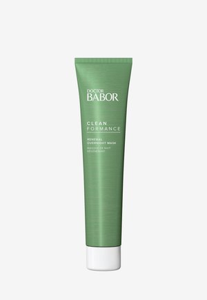 Tube vert en métal avec une finition métallique, bouchon blanc et texte l'étiquetant comme "Masque de Nuit de Rénovation Clean Formance de Doctor Babor."
