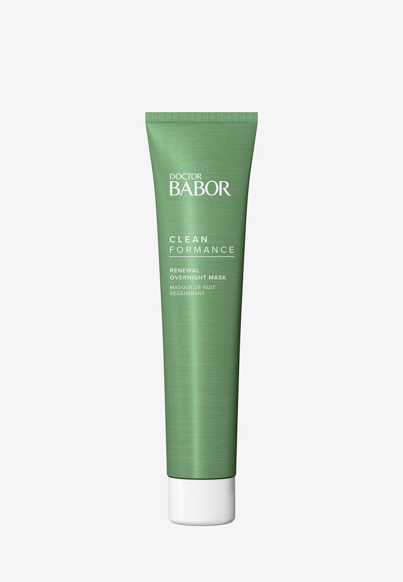 Tube vert en métal avec une finition métallique, bouchon blanc et texte l'étiquetant comme "Masque de Nuit de Rénovation Clean Formance de Doctor Babor."