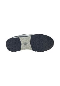 Donkerblauwe schoenzool met multidirectionele grippatronen, met een grijs centraal paneel en textuurrubber voor extra grip.