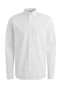 Camisa blanca de manga larga con botones, cuello abotonado y un sutil logotipo bordado en el lado izquierdo del pecho.