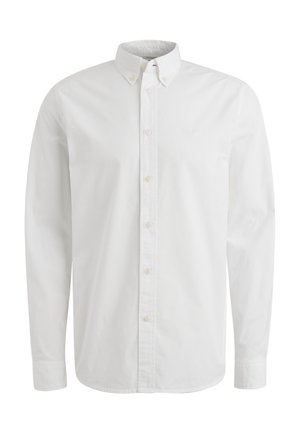 Bijela dugosleeve košulja s dugim rukavima, s gumbima na ovratniku i suptilno izvezenim logotipom na lijevoj strani prsnog dijela.