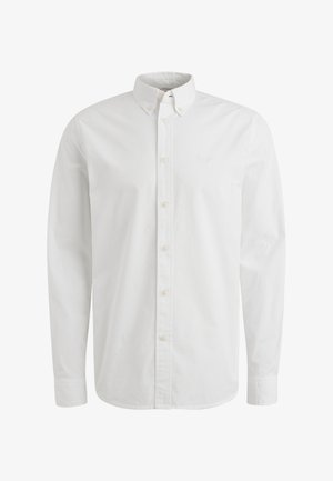 Bela srajca z dolgimi rokavi in gumbi, z gumbnim ovratnikom in diskretno vezeno logotipom na levem prsnem delu.