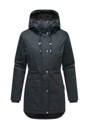 Donker marineblauwe parka-jack met een behaaglijk gevoerde capuchon, trekkoordsluiting, drukknoopjes en twee voorzakken; gladde stofstructuur, middellange uitvoering.