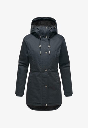 Donker marineblauwe parka-jack met een behaaglijk gevoerde capuchon, trekkoordsluiting, drukknoopjes en twee voorzakken; gladde stofstructuur, middellange uitvoering.