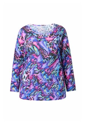 Langärmliges Damenoberteil mit Rundhalsausschnitt, das ein lebhaftes abstraktes Muster in Lila, Blau, Pink und Schwarz zeigt.