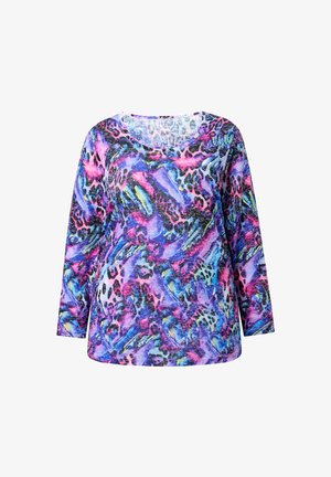 Maglietta a maniche lunghe da donna con colletto rotondo, caratterizzata da un vivace motivo astratto nei colori viola, blu, rosa e nero.