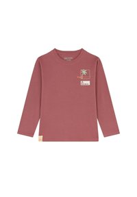 T-shirt z długim rękawem w kolorze różowym, wykonany z miękkiej bawełny. Posiada mały graficzny wzór palmy oraz metkę na dolnym brzegu. Prosty, wygodny fason.