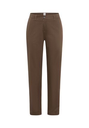 Pantalon marron à jambes droites avec passants de ceinture, fermeture par bouton, et poches avant, présenté sur fond blanc.