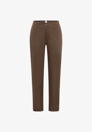 Pantalon marron à jambes droites avec passants de ceinture, fermeture par bouton, et poches avant, présenté sur fond blanc.