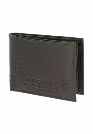Dark brown leather wallet with embossed stick figure line art of people holding hands along the front bottom edge.