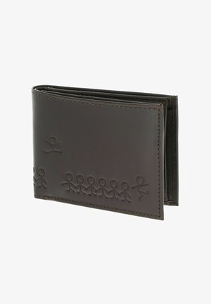 Dark brown leather wallet with embossed stick figure line art of people holding hands along the front bottom edge.