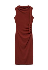 Rotes ärmelloses Kleid mit drapiertem Design, seitlicher Raffung und einem Bindegürtel an der Schulter. Hergestellt aus einem glatten, dehnbaren Stoff.